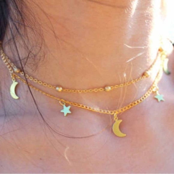 Golden Crescent Moon Star Pendant Chain Necklace - Picture 2 of 3